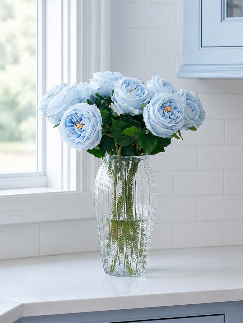 Real Touch Austin Cabbage Rose in Dusty Blue (Single-Stem Price)