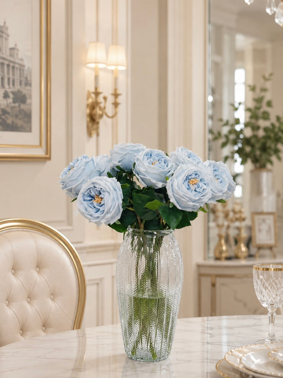 Real Touch Austin Cabbage Rose in Dusty Blue (Single-Stem Price)