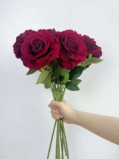 Flocked Petal Rose in Burgundy Red